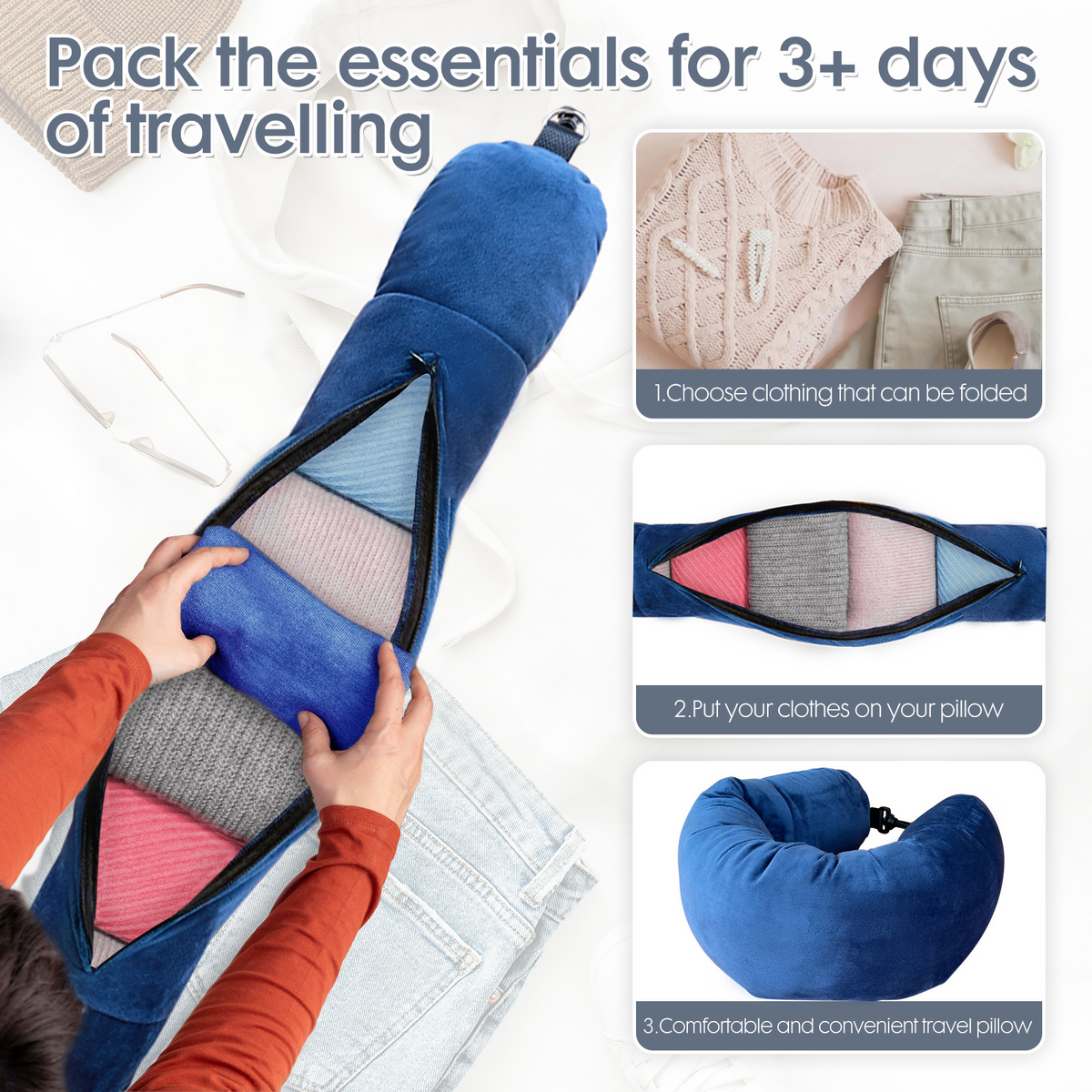 Stuffable Travel Neck Pillow Cover - Fill with Clothes, Sea Blue